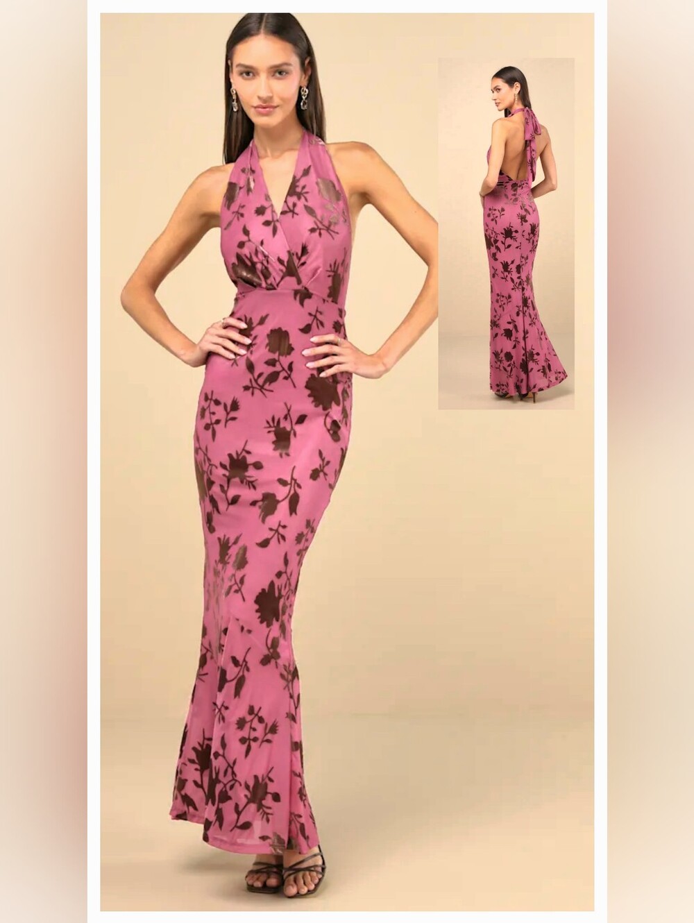 LULUS Renatta Plum Floral Velvet Burnout Mesh Mermaid Halter Maxi Dress NWT MED